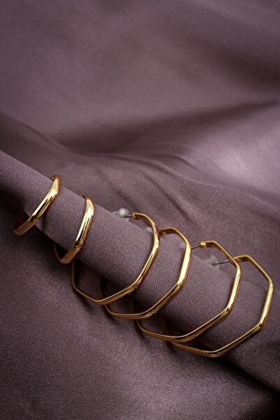 Süspüs Accessories 6'lı Ince Köşeli Model Gold Halka Küpe