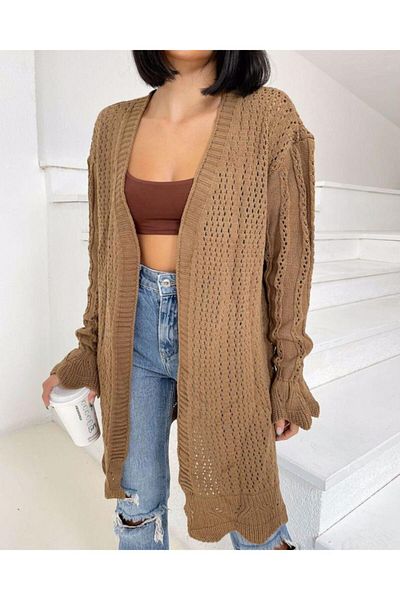 1Moda1Tarz Γυναικεία πλεκτή ζακέτα με μοτίβο γιακά σε καφέ σάλι