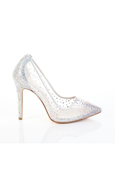 Sevim Ayakkabı Women's Cinderella 10cm Evening Dress Stoned Mesh Stiletto Shoes