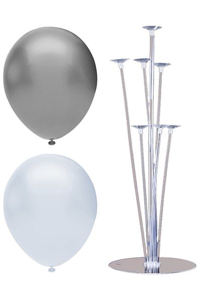 BEST PARTİ 7 Stick Balloon Stand + 100 Balloons (White, Silver)