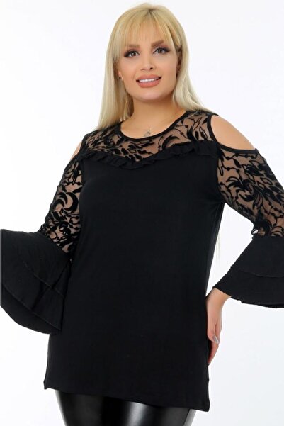 Kheos Flounced Sleeve Comfortable Flowy Style Blouse with Lace Detail on the Chest and Sleeves
