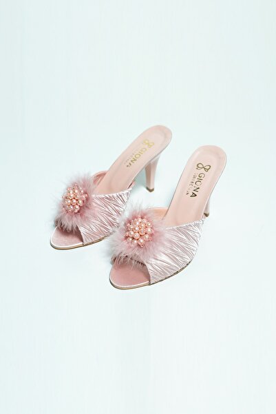 GIONA Γυναικείες νυφικές παντόφλες σε χρώμα πούδρας - Υφαντό ύφασμα με λεπτή μέση