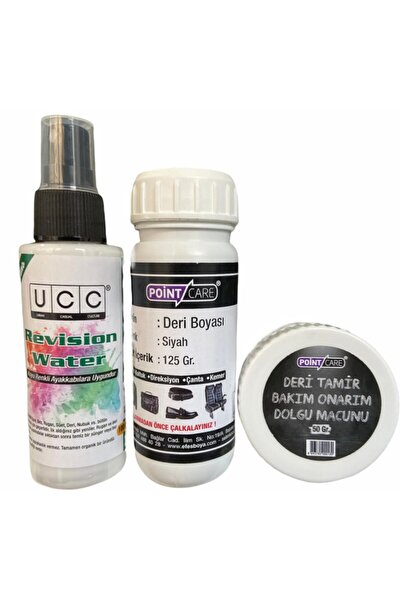 Point Care 4'lü Set Siyah Deri Boyası Tamir Macunu  Yenileme Sıvısı Sünger