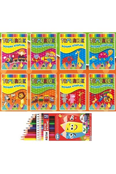 Karatay Yayınları Tomurcuk Coloring Book Set 8 Books + Fatih 12 Color Dry Paint