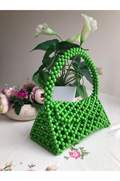Mini Kadın Çantası Boncuk Örme Şeffaf Yeşil Renk Omuz Askılı Zincirli Astarlı