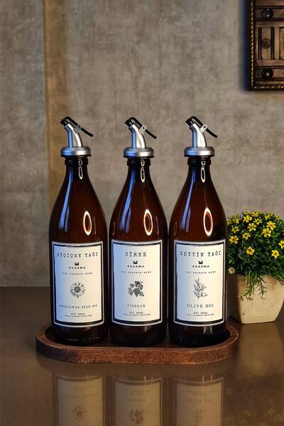 KHAKMA Oval Ahşap Stantlı Amber Zeytinyağı Sıvıyağ Sirke Şişesi Premium Yağdanlık 3lü Set 500u B Premium St