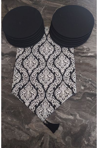 dehaberk Σετ 12 ατόμων με μαύρο μοτίβο Damask Runner και American Service Supla