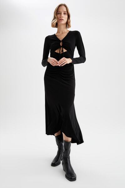 DeFacto Slim Fit újévi témájú Midi ruha mélyen kivágott hasítékkal