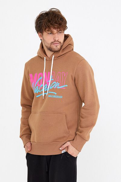 AMAZING CRASH Unisex καφέ φούτερ με κουκούλα και τσέπη καγκουρό