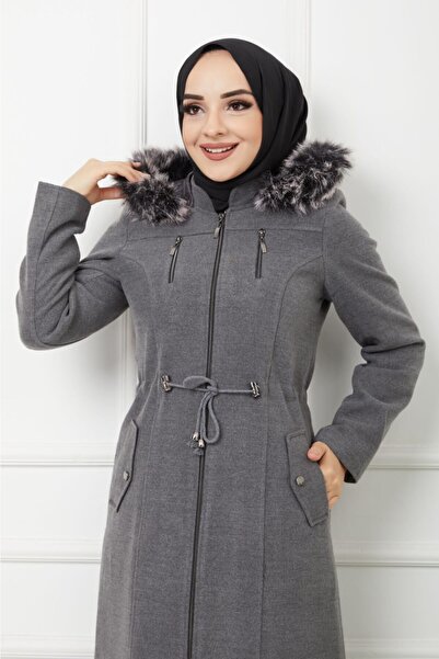 KMKkombin Kadın Boy Fermuarlı Kapşonu Kürklü Diz Altı Kaşe Kaşmir Kaban Mont