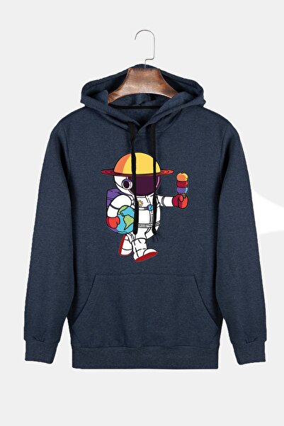 COLLIE Hanorac unisex indigo cu glugă, cu imprimeu astronaut, slim fit, buzun...