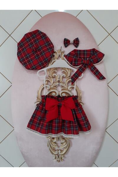 Eylülce Butik Kız Çocuk Kırmızı Ekoseli Vıntage  Etek Şapka Yaka Toka Takım