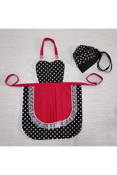 MoT Dekor Kitchen Apron Drawstring Bonnet Red Black Polka Dot Set Princess Series R455