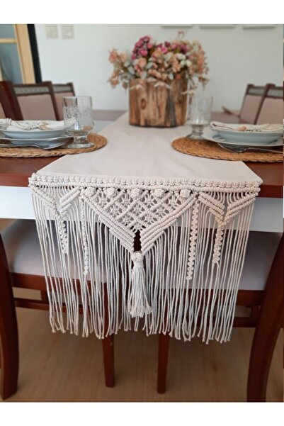EdaTasarım Makrome Işlemeli Kumaş Runner 40x210cm Masa Rannır