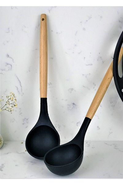 morponi 7 Piece Bamboo Handle Silicone Ladle Spatula Kitchen Set Black