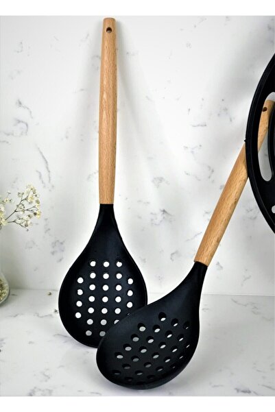 morponi 7 Piece Bamboo Handle Silicone Ladle Spatula Kitchen Set Black