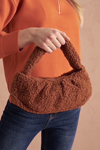 Top All BAG Taba Kadın Suni Kürklü Dokuma Baget El Ve Omuz Baget Çanta
