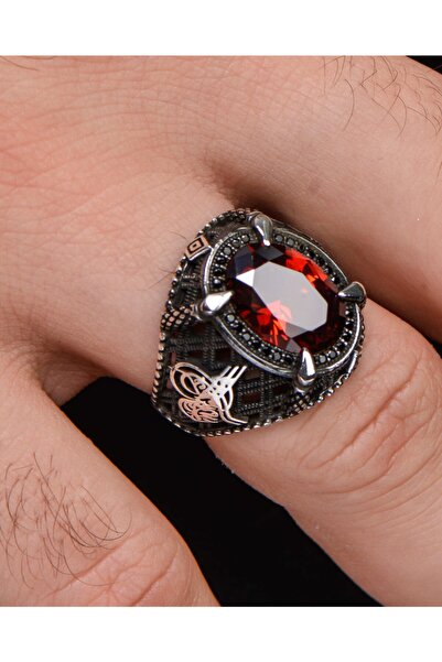 Prestige Gümüş Erkek Yüzük Kırmızı Zirkon Taşlı Osmanlı Tuğralı