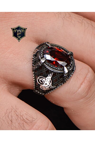 Prestige Gümüş Erkek Yüzük Kırmızı Zirkon Taşlı Osmanlı Tuğralı