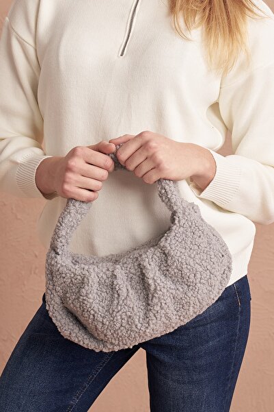 Top All BAG Gri Kadın Kürklü El ve Omuz Çanta