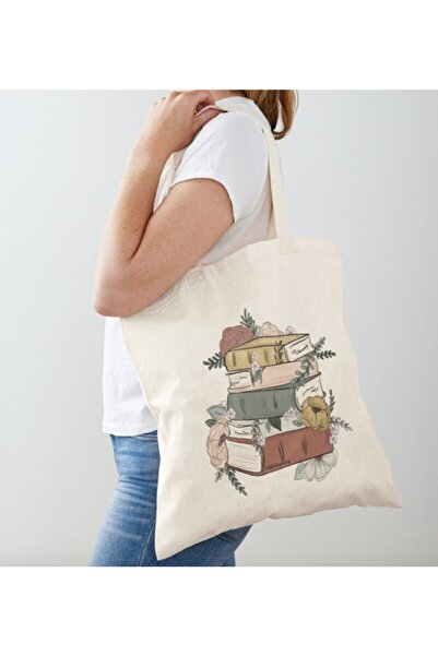 Genel Markalar Kitap Ve Çiçek Baskılı Ham Bez Omuz