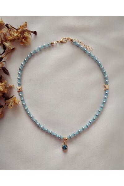 Fata Morgana Accessory Mavi Pırıltı Uçlu Kelebekli Incili Kristal Boncuk Kolye