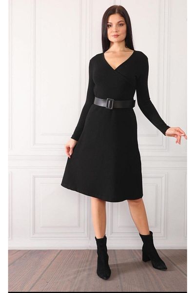 NKTCOLLECTİON Rochie elegantă, cu centură neagră, cu guler dublu, sezon nou, cu lungime midi, cu detalii Nkt-btg-1265