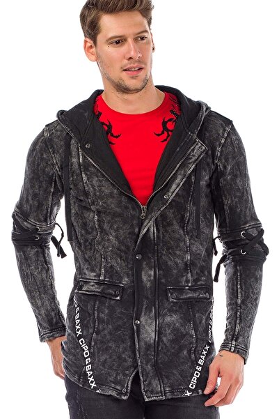 Cipo&Baxx Men's Gray Lace-Up Hooded Zipper Sweat Jacket
