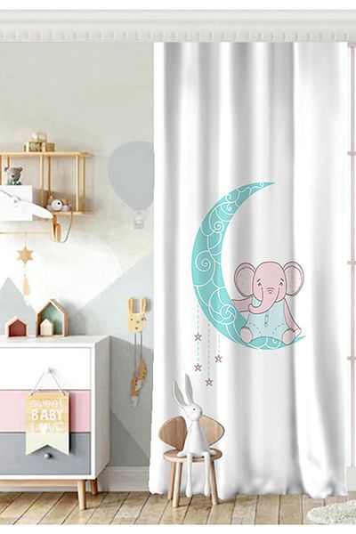 Realhomes Elefant alb cu o singură aripă pe Lună, cu modele, perdea de fundal pentru camera bebelușului