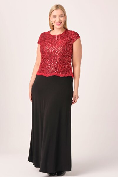 Oktay Kırmızı Payetli Altı Uzun Esnek Kumaş Büyük Beden Abiye Elbise