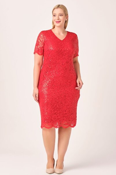 Oktay Ithal Pullu Dantel V Yaka Astarlı Büyük Beden Elbise