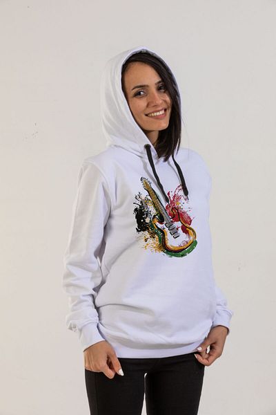 Raf Coll Hanorac cu glugă unisex alb cu imprimeu pentru chitară