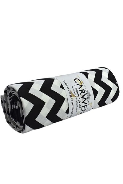CARWEN TEKSTİL Black Zigzag Single Ranforce Cotton Fabric Elastic Sheet Set