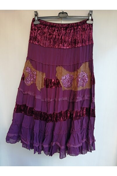Butik Tülin Otantik Krep Şifon Bordo Aplike Nakışlı Parçalı Katlı Etek