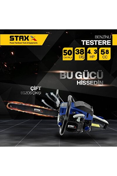 STAXX POWER TechnoTam Professional Çift Egzoz Ağaç Motoru Motorlu Testere Hızar 58 cc 4.3 Hp 50 cm Pala