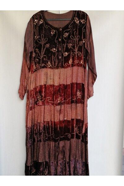 Butik Tülin Otantik Kadife Saten Parçalı Kahve Degrade El Işi Pul Boncuk Nakı...