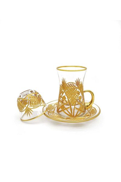 ÖzcamKristal 18 Piece Cut Decorated Tea Set for 6 People