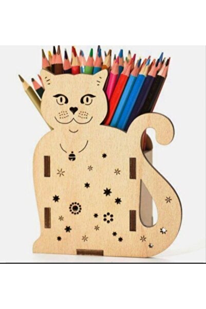 Ahşap Θήκη για στυλό με Οργανωτή επιτραπέζιου υπολογιστή με φιγούρα γάτας
