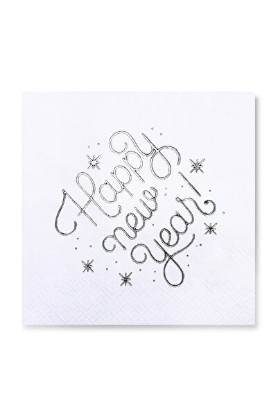 Story منديل ورقي أبيض اللون منقوش برقائق فضية مقاس 33 × 33 سم سنة جديدة سعيدة