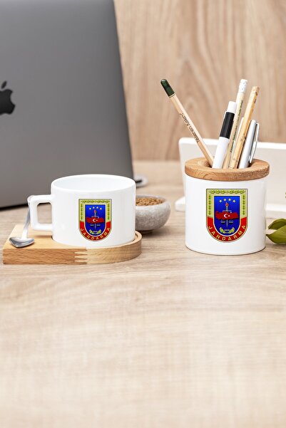 Procity Jandarma Logolu Ahşap Altlıklı Fincan ve Kalemlik