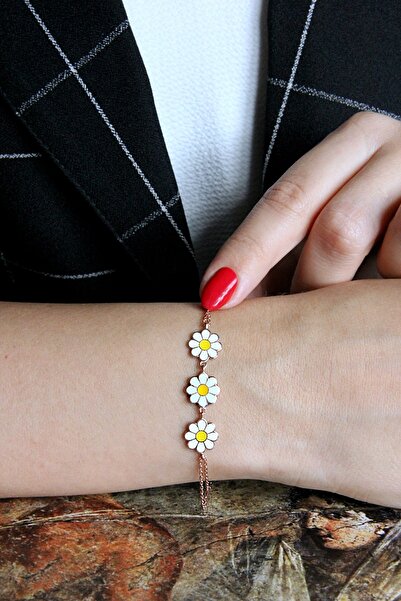 Argentum Concept 925 Ayar Gümüş Üçlü Rose Papatya Dizisi Bileklik - B076401