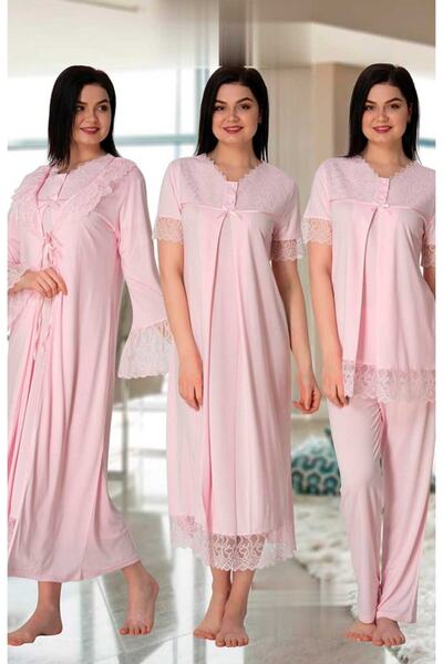 Effort Pijama Kadın Pembe Güpür Sabahlıklı Lohusa Hamile 4'lü Set 5046