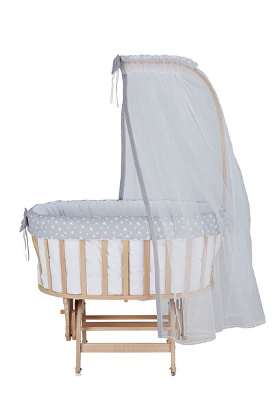 Babycom Naturel Boyasız Ahşap Sepet Beşik + Gri Yıldızlı Uyku Seti