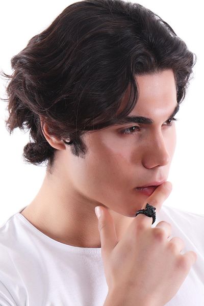 LABALABA Men's Black Oxide Plated Wolf Head Ring