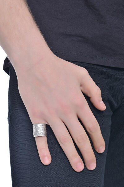 LABALABA ERKEK ANTİK GÜMÜŞ KAPLAMA BASKILI SERÇE PARMAK  YÜZÜK