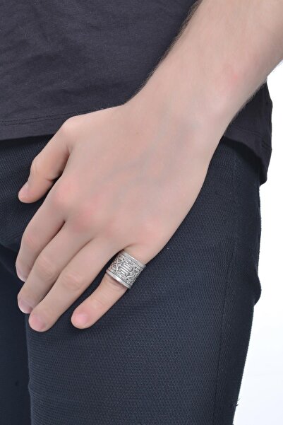 LABALABA ERKEK ANTİK GÜMÜŞ KAPLAMA ETNİK BASKILI SERÇE PARMAK  YÜZÜK