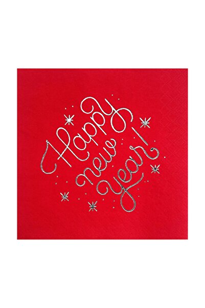 Story مجموعة من 16 منديل ورقي أحمر بنقش سنة جديدة سعيدة باللون الفضي