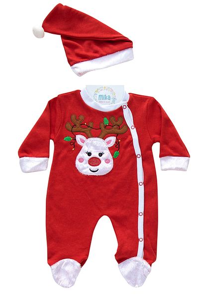 Mika Bebek & Çocuk Deer Embroidered Cowl 2-Piece New Year Baby Red Romper