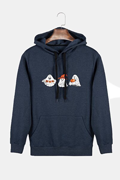 COLLIE Hanorac unisex cu glugă cu glugă indigo cu imprimeu Boo de Halloween, ...