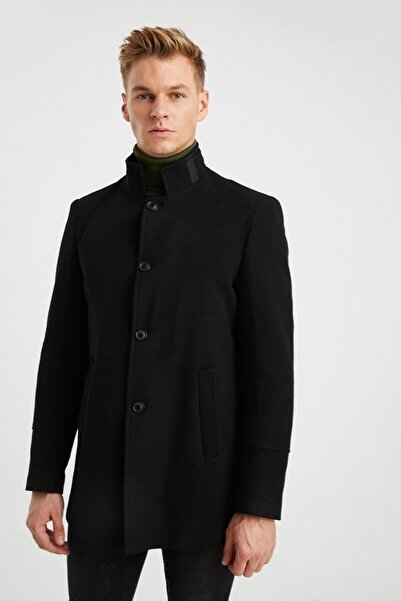 DYNAMO Ανδρικό παλτό μαύρο καπιτονέ με επένδυση από μαλλί ανάμεικτο κασμίρ